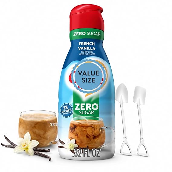Zero Sugar French Vanilla Flavor Liquid Creamer for Coffee 32 fl oz Gluten Free & Non Dairy Creamer - Rich & Smooth Flavored Coffee Creamers with Dumbass Coffee Mini Metal Shovel Spoons (Zero Sugar French Vanilla) Shovel Spoons