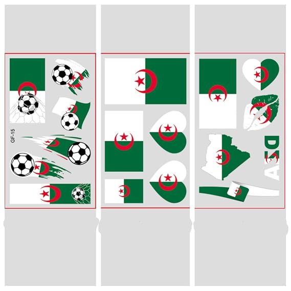 World Cup Soccer Tattoos,30 Sheets Waterproof Football Temporary Tattoos with National Flags for Fans,Party Decorations & International Sports Events(3 Styles,10 Sheets Each),Algeria