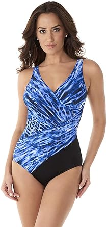 Miraclesuit Women's Swimwear Lynx Lazuli Oceanus Wrap Style V-Neckline Tummy Control One Piece Swimsuit, Delphine, 10