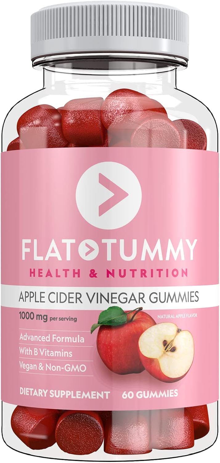 Flat Tummy Apple Cider Vinegar Gummies, 60 Count Boost Energy, Detox & Support Gut Health Vegan, Non-GMO ACV Gummies with Mother - Made with Apples, Beetroot, Vitamin B9, Vitamin B12