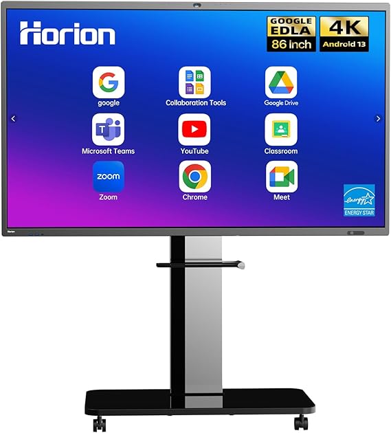 HORION 86" Interactive Smart Board with Wall Mount, 4K UHD Touchscreen, Android 13 Google EDLA (8+128GB, Digital Whiteboard, Wireless Casting)