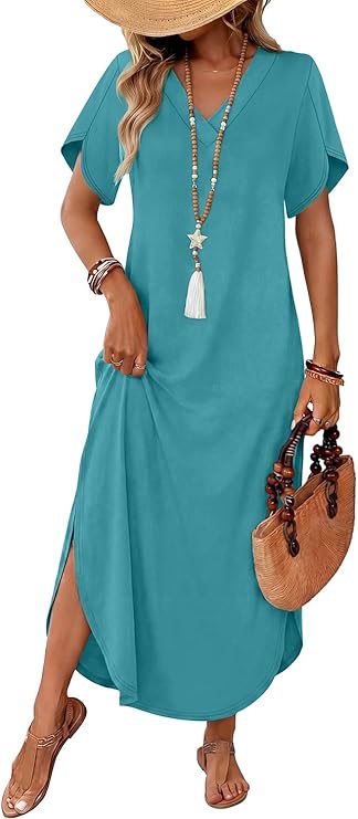 WIHOLL Summer Dresses for Women Short Sleeve Maxi Dresses V Neck Sundress with Side Slit Pockets Casual Beach Dress