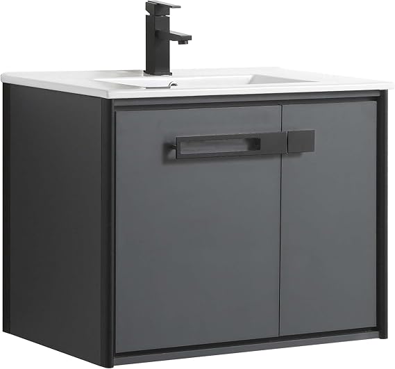 Fine Fixtures Oakville 30 in. W x 18 in. D x 33 in. H Wall Mounted Bathroom Vanity in Onix Grey with White Ceramic Sink - Black Hardware