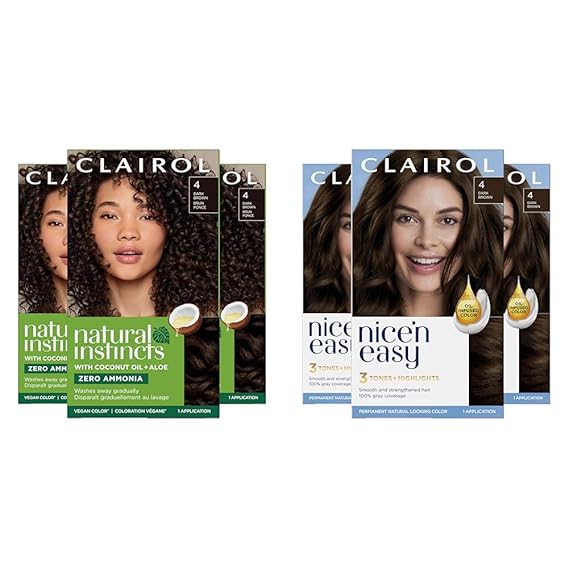 Clairol Natural Instincts صبغة شعر دائمة ، 4 لون شعر بني داكن ، عبوة من 3 & Nice'n Easy الدائم صبغة شعر ، 4 لون شعر بني داكن ، عبوة من 3