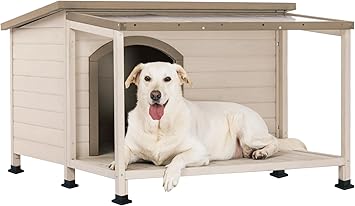 Petsfit Big Dog House، 43.5 بوصة L x 41 بوصة W x 28 بوصة H PVC Asphalt Roof Dogs House للكلاب الكبيرة، بيوت كلاب كبيرة مقاومة للعوامل الجوية مع تراس كبير جدًا