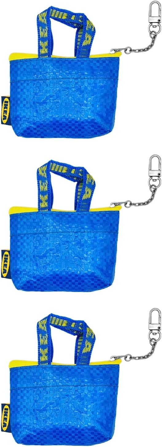 Ikea KNOLIG Mini Blue Bag Coin Purse with Key Chain، 104.782.42، FRAKTA Style، Zipper Closure، 9 x 7 x 3 cm - Set of 3، Blue، 9x7x3cm