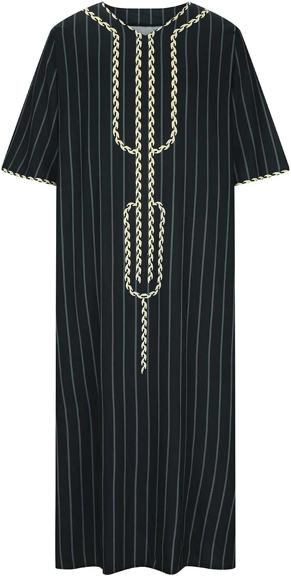 Men's Muslim Thobe Kaftan Robe Islamic Long Sleeve Striped Long Gown Long Shirts Middle East Saudi Arabia Robe