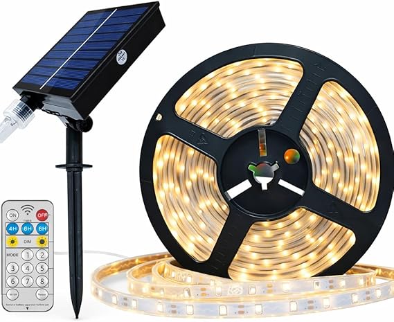 Forlfe 10 Metre Güneş Enerjili LED Şerit Işık, 20W 320 Lümen, IP65 Su Geçirmez, 8 Modlu Uzaktan Kumandalı, Otomatik Sensörlü Solar LED Aydınlatma, Bahçe Balkon Teras Dış Mekan Lambası (GÜN IŞIĞI) [Enerji Sınıfı A]