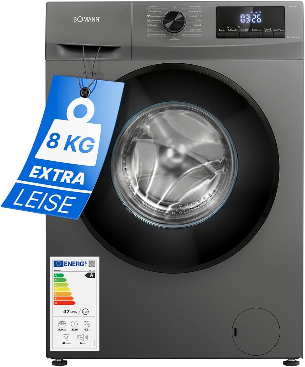 Bomann Washing Machine 8 kg Max. 1400 rpm Robust Quiet & Durable Inverter Motor 15 Washing Programmes LED Display with Steam Function WA 7185 Titanium [Energy Class A]