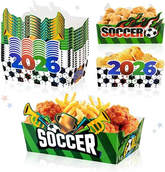 GLURUITE 24pcs Soccer Theme Disposable Paper Food Trays 2026 Soccer Party Plates Snack Serving Trays Sports Fans Party Decor Favors