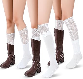 Mepase 3 Pairs Women's Lace Knee High Socks Lace Boot Socks Patchwork Calf White Cute Y2k Trim Long Stocking for Lolita
