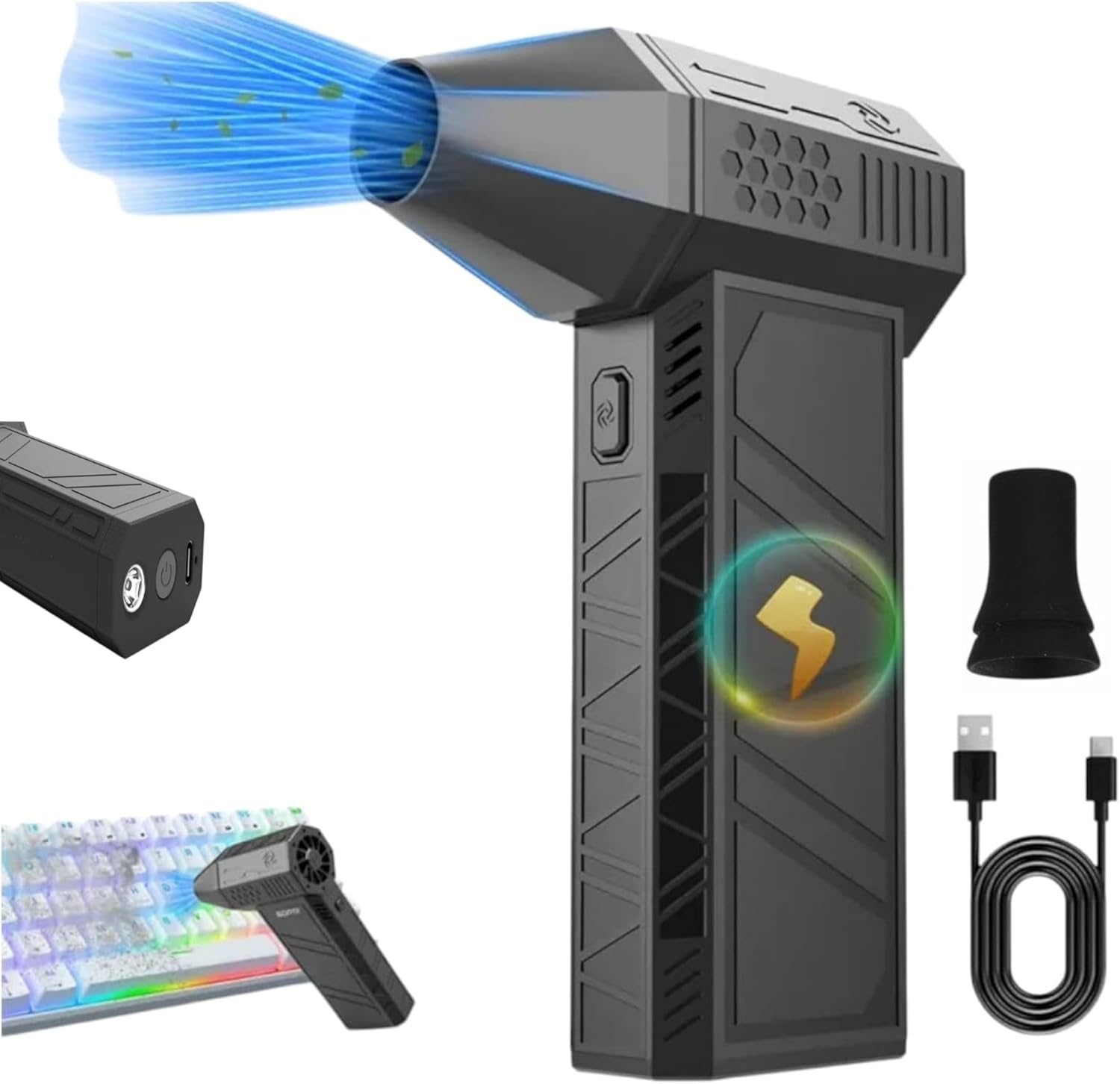 AEE® Turbo Jet Fan 120.000 RPM Şarjlı Ek Başlıklı 3 Kademeli Fenerli Basınçlı Hava Püskürtme Temizleyici – Taşınabilir Toz Üfleme PC Klavye Kasa Oto Araç Kurutucu Su İtici Araba Temizliği Mangal Fanı