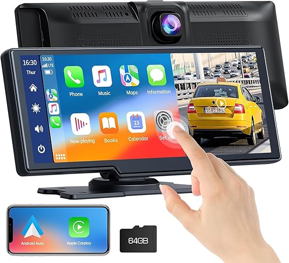 Apple Carplay لاسلكي وAndroid Auto، ستيريو سيارة مع كاميرا أمامية بدقة 2K، شاشة Carplay محمولة بدقة 9.26 بوصة تعمل باللمس بدقة Full HD مع بطاقة Bluetooth 5.0/GPS/FM/AUX/Mirror Link/64G TF