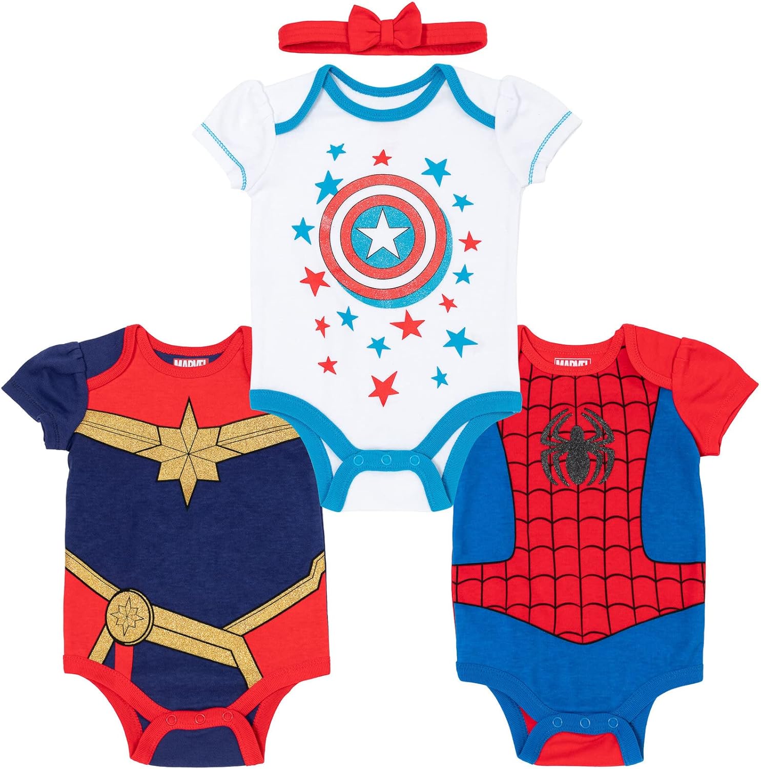 Marvel Avengers Captain Marvel Captain America Spiderman Baby Girls Cuddly Short Sleeve Bodysuit & amp؛ عقال حديثي الولادة إلى الرضع