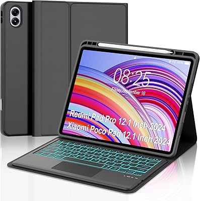 Touch Keyboard Case for Redmi Pad Pro  Xiaomi Poco Pad 12.1 Inch Case with Trackpad, Detachable Wireless Backlit Keyboard Cover with Pen Holder for Redmi Pro 12.1 2024, 7-Color Backlight, Black