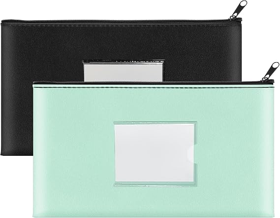 2 Pack Money Bags with Zipper, Bank Pouch with Label, 11 x 6.1 Inch PU Leather Cash Deposit Holder for Coins, Invoice, Bills, Cosmetics, Tools (Black & Aqua Blue)