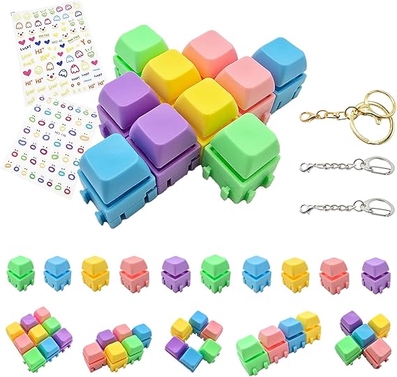 10-Pack Modular Keyboard Fidget Toy Shape-Changeable Keyboard clicker Fidget Keychain, 2 Stickers to Match | Relieve Anxiety for Adults at Work School Travel Home(Non-Light-Up)