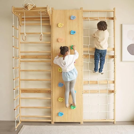 Avenlur Walnut 9-in-1 Swedish Ladder Wall Gym Kids, Indoor Climbing Wall | 2 Heights: 78.8" or 94.5" Montessori Indoor Playground & Jungle Gym, Rock Climbing Wall for Kids, Rope Ladder, Slide, Swing
