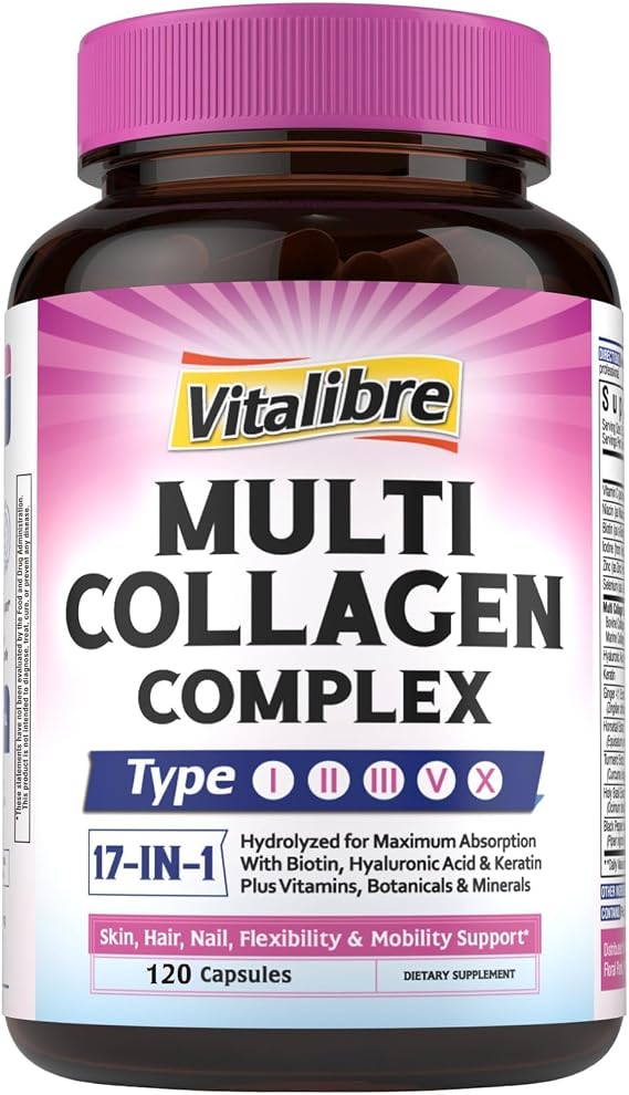Vitalibre Collagen Peptides Capsules for Women & Men, Type I, II, III, V, X, Biotin, Hyaluronic Acid & Keratin, Vitamin C, Niacinamide, Turmeric & Ginger, Skin, Hair, Nail, Flexibility, 120 Count