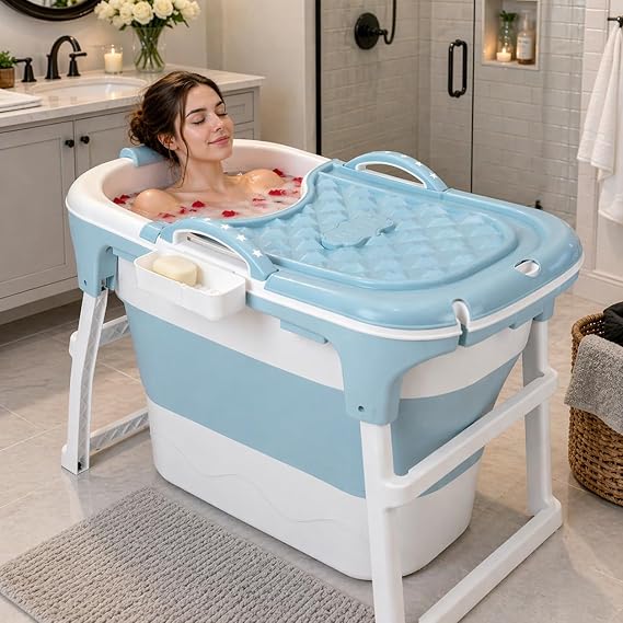 Portable Bathtub, Small Foldable Tub with Ergonomic Seat & Massage Roller, Large Collapsible Tub, Freestanding Surround Collapsible Tub for Adults, Effortless Foldable Bathtub Blue
