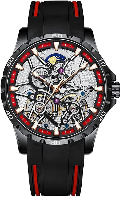 Men's Skeleton Watches Automatic Mechanical Watch with Dual Balance Wheels (Black Red)
