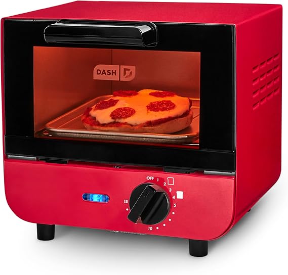 Dash Mini Toaster Oven | Small Toaster Oven for Dorms, Apartments, Small Kitchens, Adjustable Timer Dial with Auto Shutoff, Removable Cooking Tray & Crumb Catch, Red