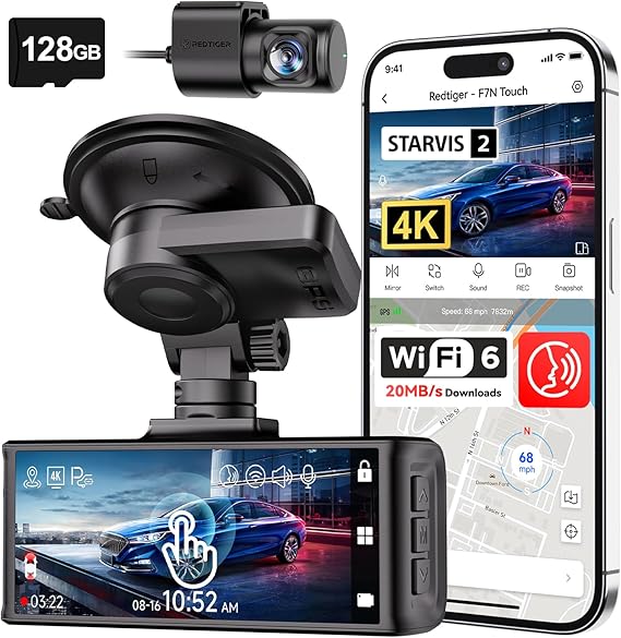 كاميرا لوحة القيادة REDTIGER 4K STARVIS 2 أمامية وخلفية، 5 جيجا هرتز واي فاي 20 ميجا بايت/ثانية للتنزيل، بطاقة 128 جيجابايت متضمنة، التحكم الصوتي، كاميرا لوحة القيادة للسيارات بشاشة تعمل باللمس مقاس 3.18 بوصة، نظام تحديد المواقع العالمي، تسجيل حلقي، وضع ركن السيارة (F7N Touch)