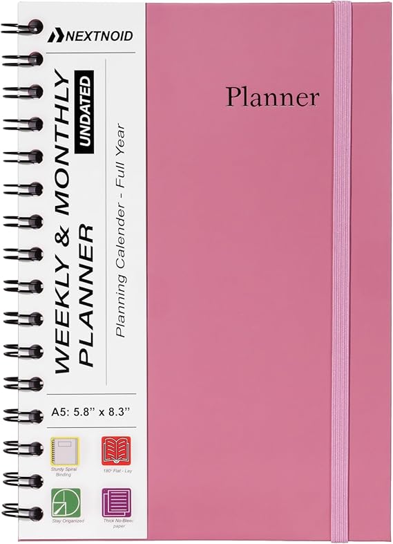 Undated Monthly and Weekly Planner - 12 Month Calendar Planner Notebook with Week Days - Hardcover Undated Planners Blank Agenda Book - A5 Rose Pink