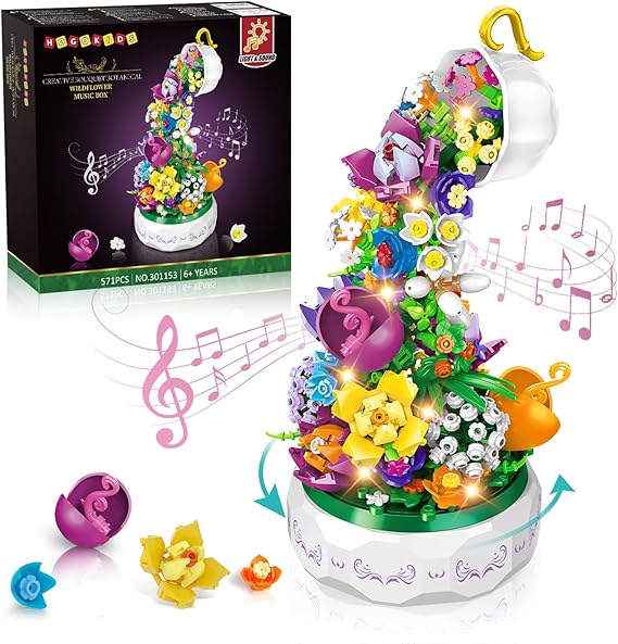 HOGOKIDS Flowers Music Box Building Block Kit with Light- Gift for Mothers Day Decoration Rotating Music Box Blocks Set | Botanical Collection Birthday Valentines Day Gift for Adults Girls Boy Ages 6+