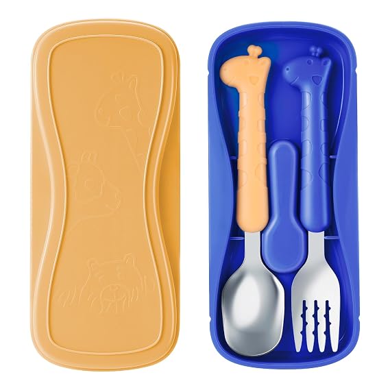 lohodo Toddler Utensils Kids Spoon and Fork Set 18/8 Stainless Steel Silverware BPA Free Blue & Yellow Cute Giraffe Child Flatware with Travel Case for Age 3+