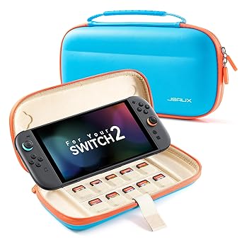 حقيبة حمل نحيفة من JSAUX لجهاز Nintendo Switch 2 2025، حقيبة محمولة لجهاز Switch 2 مع 10 فتحات ألعاب، غلاف صلب واقٍ للسفر والتخزين، أزرق