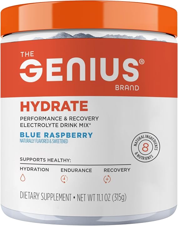The Genius Brand Genius Hydrate - مكمل إلكتروليت للترطيب اليومي - ماء جوز الهند - خالي من السكر - 8 معادن ومغذيات أساسية - غير معدل وراثيًا - التوت الأزرق - 50 حصة