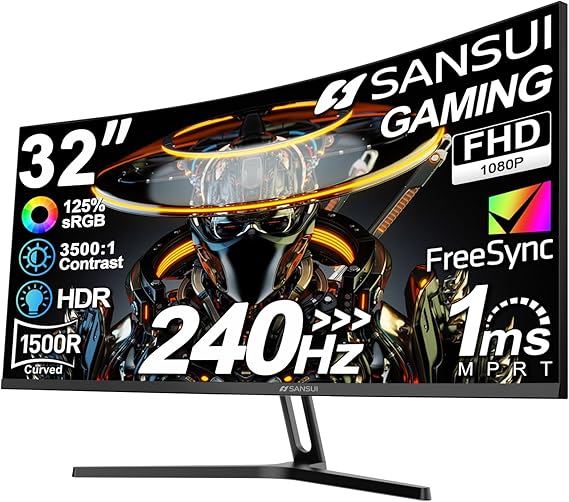 شاشة ألعاب SANSUI منحنية مقاس 32 بوصة بمعدل تحديث عالي 240 هرتز،شاشة كمبيوتر ألعاب FHD 1080P HDMI DP1.4، منحنية 1500R، 1Ms MPRT، HDR، حامل معدني، متوافق مع VESA (كابل DP متضمن)