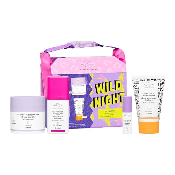 Drunk Elephant Wild Night: The Evening Kit: يشمل كريم Lala Retro Whipped ، T.L.C. Framboos Glycolic Night Serum و Ceramighty AF Eye Balm و Beste No. 9 جيلي كلينسر   