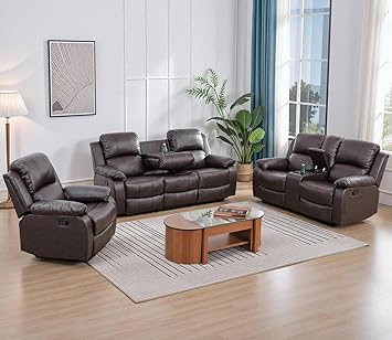 Faux Leather Recliner Sofa Set,Reclining Sofa Couch with Double Recliners,Brown Recliner Couch Set with Cup Holders and Drop-Down Table for Living Room/Office/Home Theater(3 Pieces Set)
