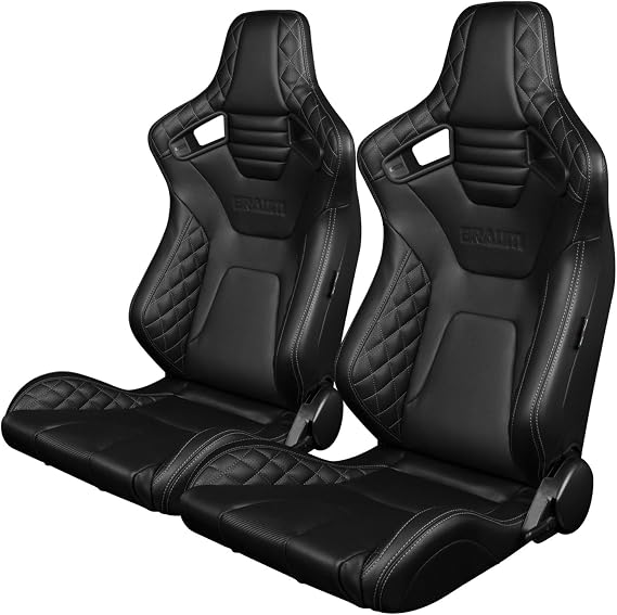BRAUM Elite-X Series Racing Seats Diamond Edition Black Leatherette with Grey Stitching Reclining Seat Set with Carbon Fiber Backing Set of 2 (BRR1X-BDGS)