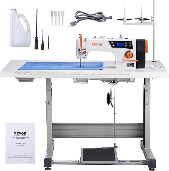 VEVOR Industrial Sewing Machine, 550W Servo Motor and Table Stand, 5000s.p.m Heavy-duty Lockstitch Sewing Machine, Clear Control Panel and Electro-mechanization Intelligent Start-stop for Easy Use