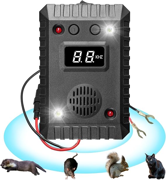 Ultrasonic Rodent Repeller for Car, Under Hood Mouse Repellent with Strobe Light, Rat Rodent Pest Deterrent for Cars RV, Pest Mouse Repeller for Cars Engine Truck Garage