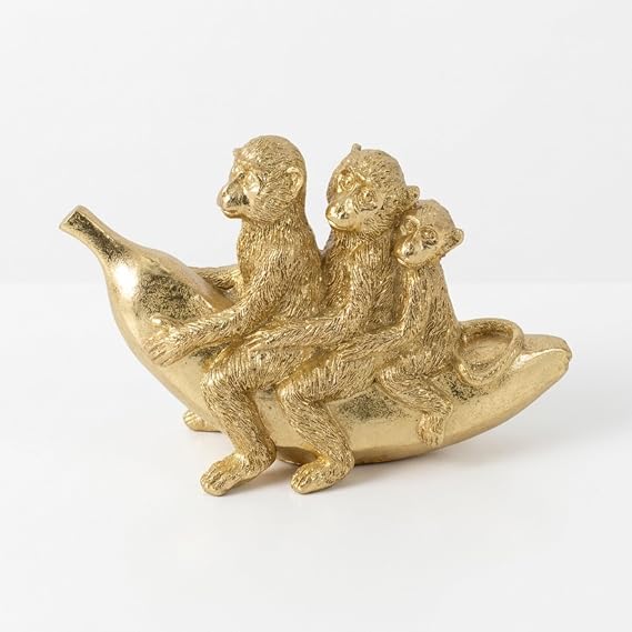 Hand Painted Three Monkeys on Banana Figurine for Home Decor - Animal Sculpture for Bathroom, Office, Living Room Accent - Playful Ornaments for Shelf or Coffee Table Display - 5", Gold & Metallic