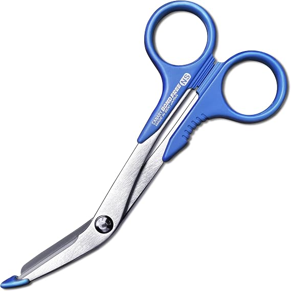 CANARY Safety Bandage Scissors for Nurses and Veterinary, Made in JAPAN, Medical Trauma Shears Non-Stick Fluorine Coating Stainless Steel Blade with Safe Blunt Tip Cover, Blue