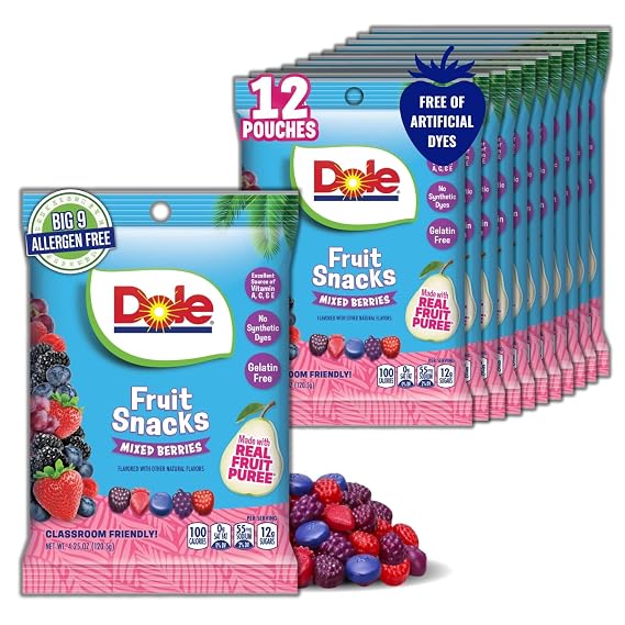 Dole Fruit Snacks, Mixed Berries - Individually Wrapped Pouches - Classroom-Friendly, Top 9 Allergen Free, No Artificial Dyes, Natural Fruit Puree - 1 Box, 12 Total Pouches