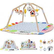 سجادة Kizfarm Baby Play Gym، سجادة خشبية للبطن مكونة من 5 مناطق نمو، سجادة أنشطة للأطفال مع 5 ألعاب حسية قابلة للفصل، تنمية تعتمد على المسرح من الرضيع حديث الولادة، هدية استحمام أساسية للأطفال