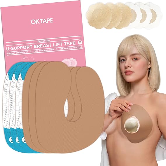 OK TAPE Boob Tape, U-Shaped Breast Lift Tape for Backless, Ultra-Soft & Skin-Friendly, Sticky Bra for B-DD Cup (1/3 Pairs)