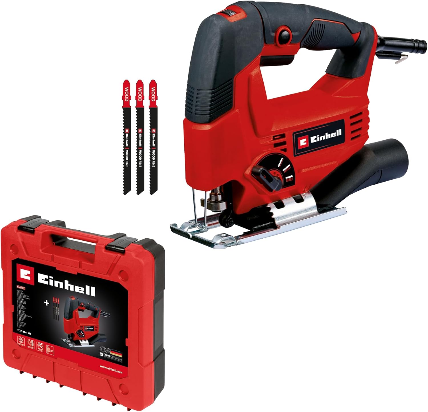 Einhell Decoupage Saw TC-JS 801 Kit including 550 W, 20 mm cutting height, pendulum movement function, 80 mm in wood, 10 mm cutting depth in steel, 3000 dd, 3 T-shaft saw blades - 4321157
