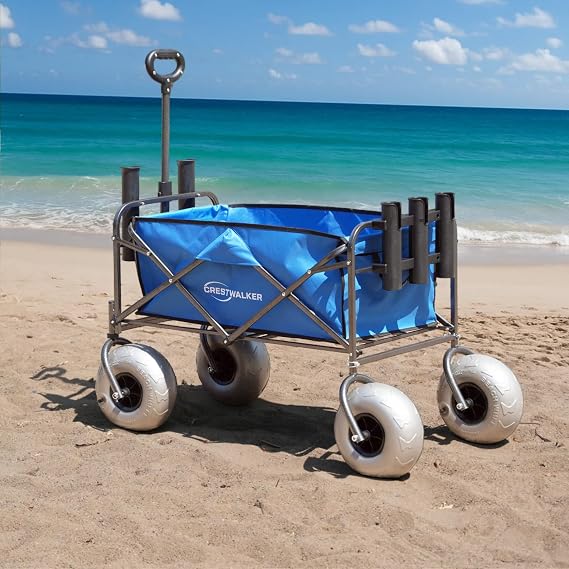 Beach Wagon with Big Wheels for Sand, Folding Cart with 9'' All-Terrain Inflatable Tires (Fishing Rod Holder Model, Fat Balloon Wheels)