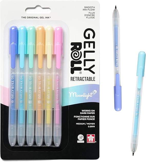 SAKURA Gelly Roll Retractable Pens - Pastel Pen Set for Decorative Writing - 0.8mm Tip - Bleed-Free - Moonlight Pastels - Pastel Yellow, Orange, Pink, Green, Sky Blue & Periwinkle - 6 Count
