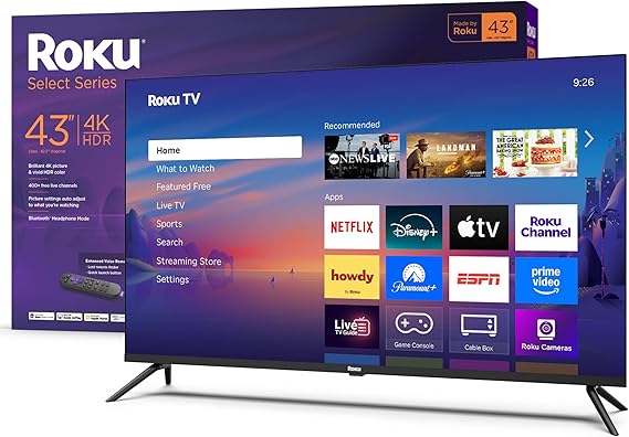 تلفزيون Roku الذكي مقاس 43 بوصة من سلسلة Select، تلفزيون 4K HDR RokuTV مع جهاز تحكم عن بعد صوتي محسن وشاشة مسطحة وتلفزيون LED مع Wi-Fi لبث الأخبار المحلية المباشرة والرياضة والترفيه العائلي