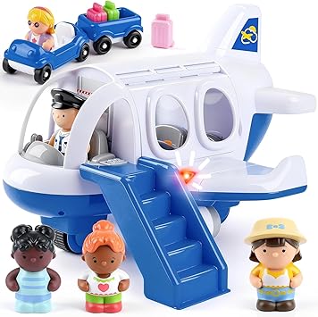 PLAY Airplane Toy for Kids - Toddler Airplane Toys Travel Plane Toys for Kids 2+ Years Old with Small Figures & Baggage Carrier, Musical Toy Airplane with Lights for Boys Girls Gifts Birthday (Blue)