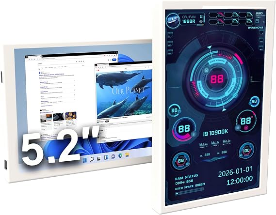 WOWNOVA 5.2" Customizabe LCD Screen Inside PC Case Screen for Computer Setup - Customizable PC Temperature Display Panel, GPU CPU FPS RAM HDD Computer Temp Monitor (White)