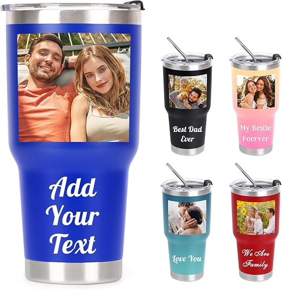Personalized Tumbler with Picture Text Name Logo, Custom 30oz Stainless Steel Coffee Mug cup with Lid Straw, Anniversary Wedding Christmas Thanksgiving Birthday Gifts for Women Men Kid